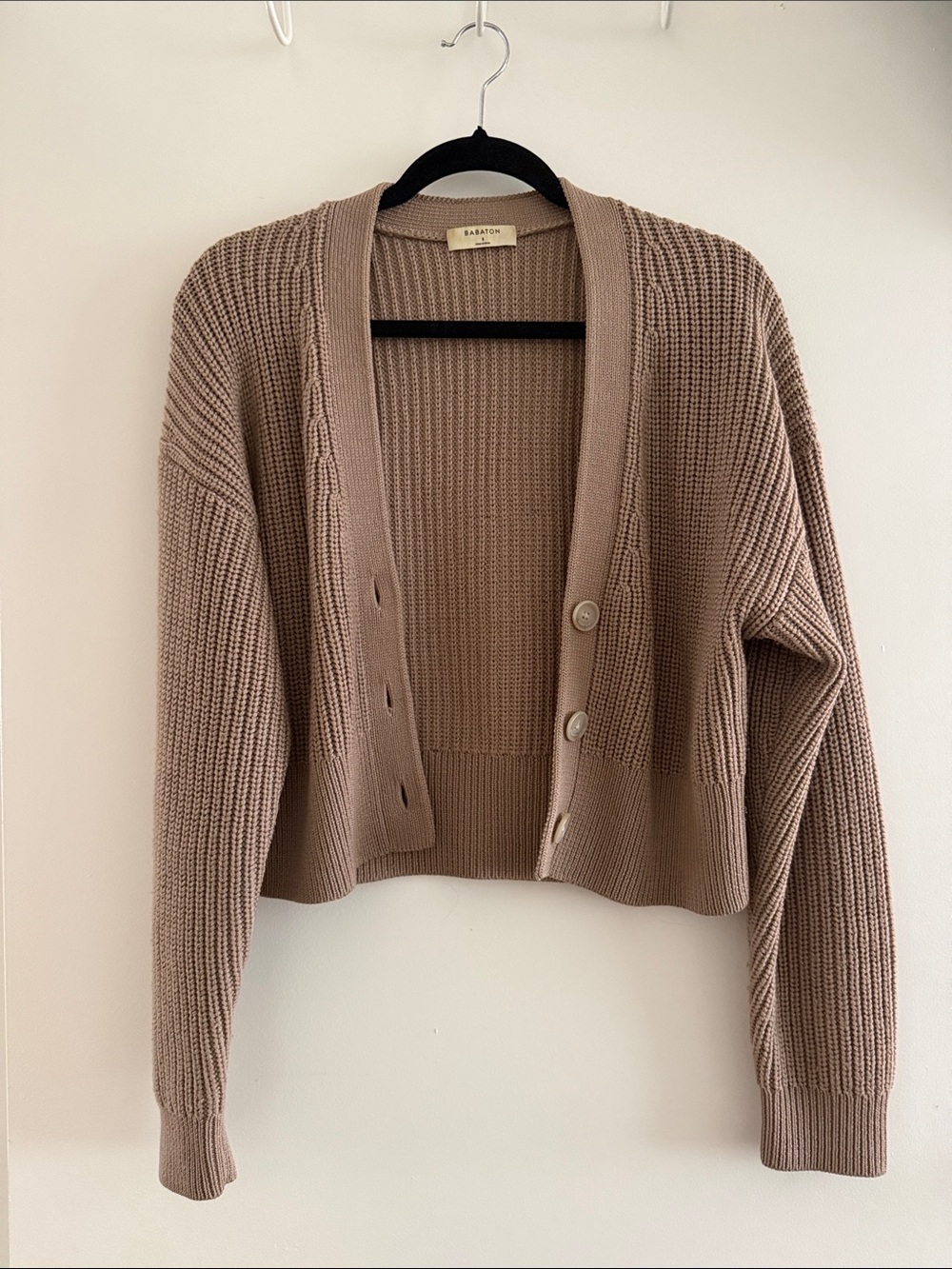 Aritzia Babaton Cropped Ribbed Cardigan - Taupe Brown
